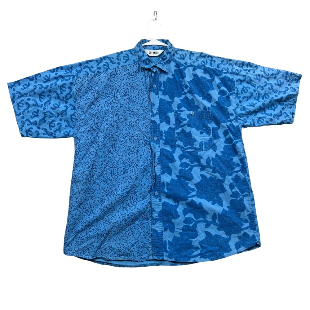 Gitano Shirt Mens XL Blue Floral Paisley Split Pattern Vintage Short Sleeve